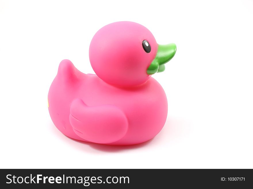 A purple toy duck on a white background.