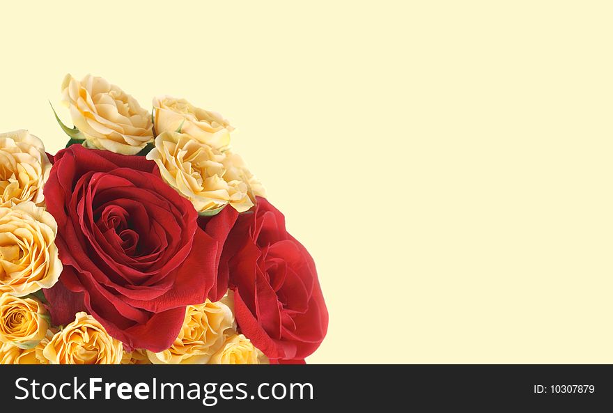 Background with a bouquet of yellow and red roses and a place for the text. Background with a bouquet of yellow and red roses and a place for the text.