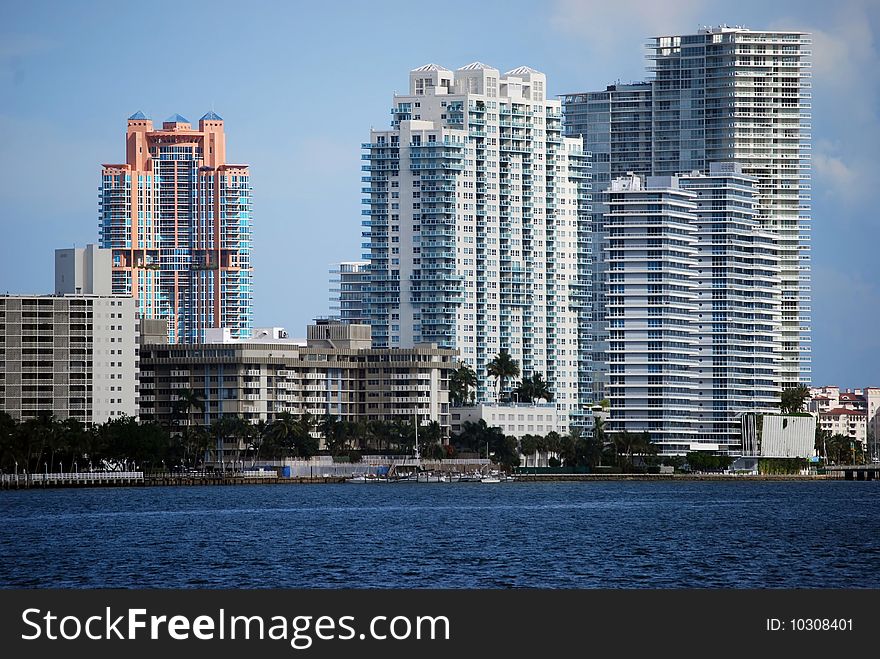 Condo towers on the west side of SoBe facing biscayne bay. Condo towers on the west side of SoBe facing biscayne bay