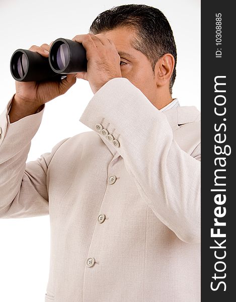 Businessman with binoculars looking to the future. Businessman with binoculars looking to the future