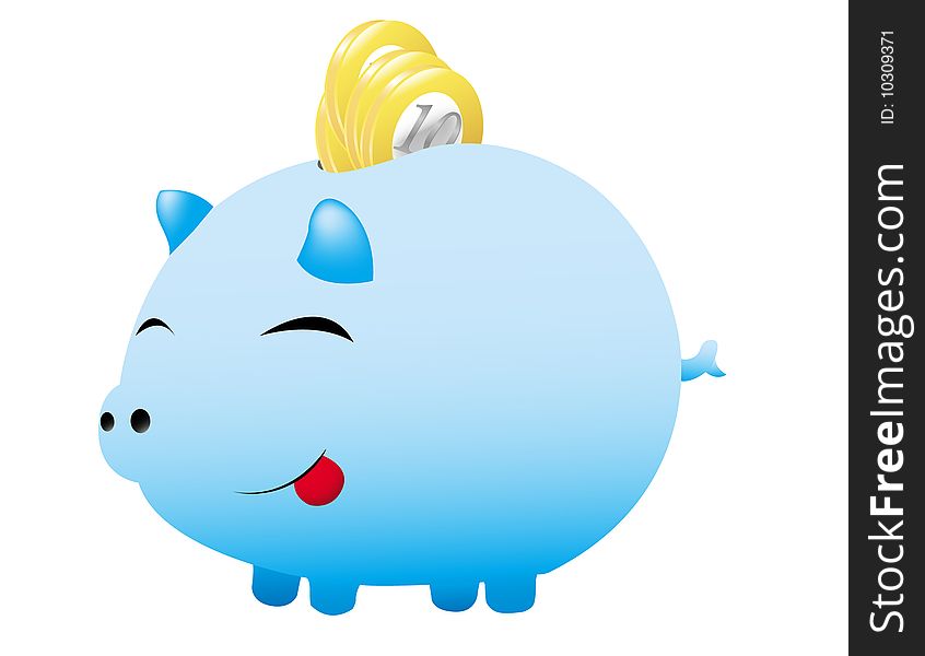 Blue piggy bank, happy to be fulfilled with money