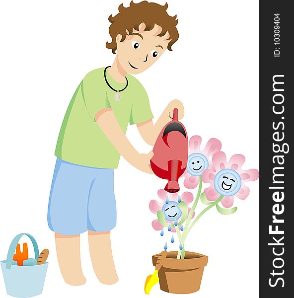 Boy watering his happy flowers. Boy watering his happy flowers.
