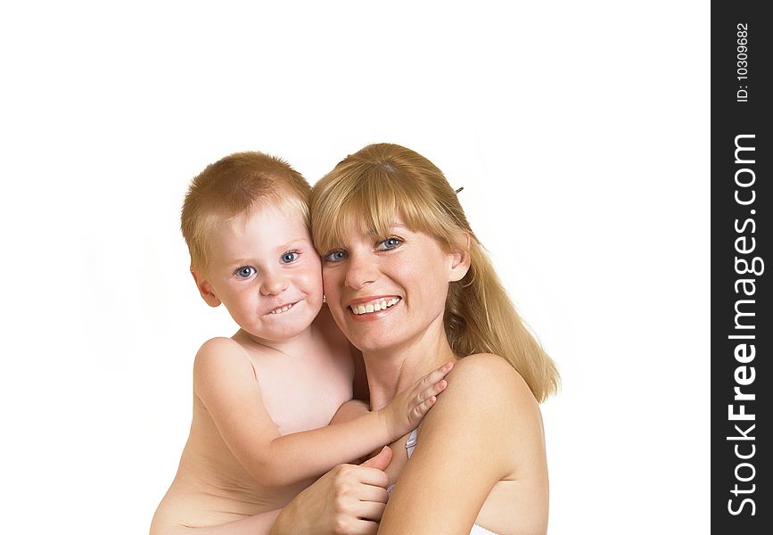 Young mum with the small son on a white background. Young mum with the small son on a white background