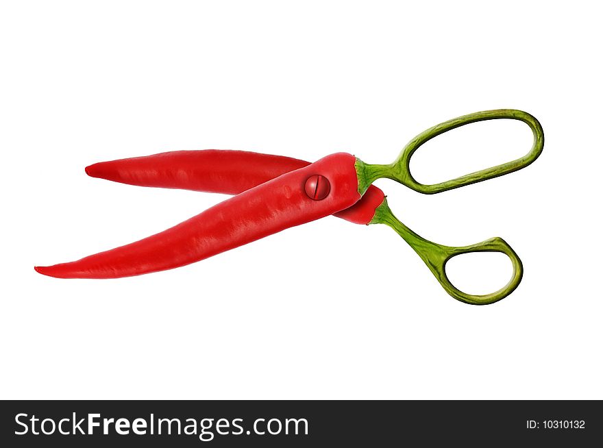 Red hot chili pepper scissors on white