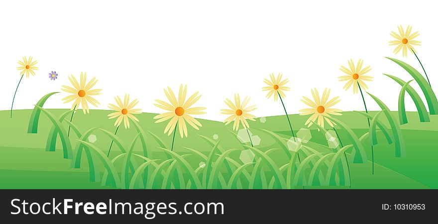 Green lawn with yellow flower in a white background. Green lawn with yellow flower in a white background