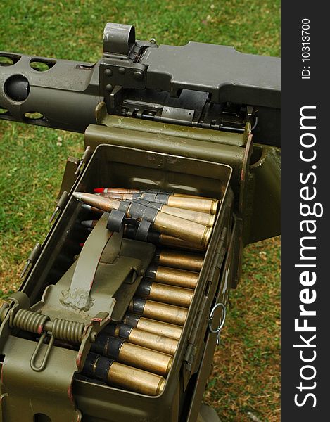 Large caliber machine gun ammunition ready for firing. Large caliber machine gun ammunition ready for firing