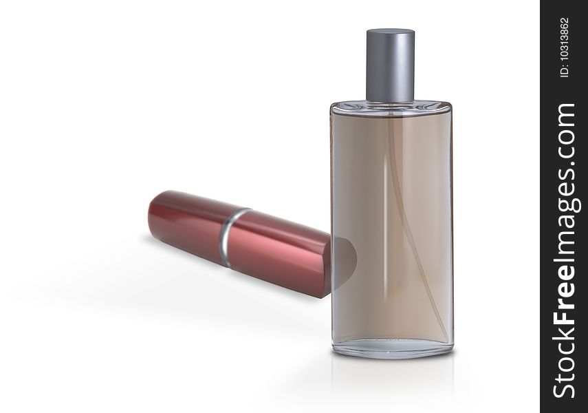 Isolated perfume flask with lipstick over white
