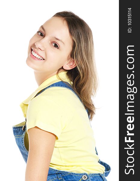 Laughing teenage girl on white background