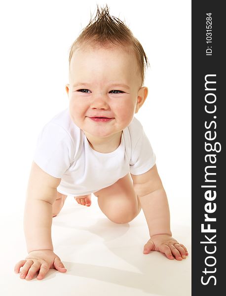 Laughing baby boy on white background