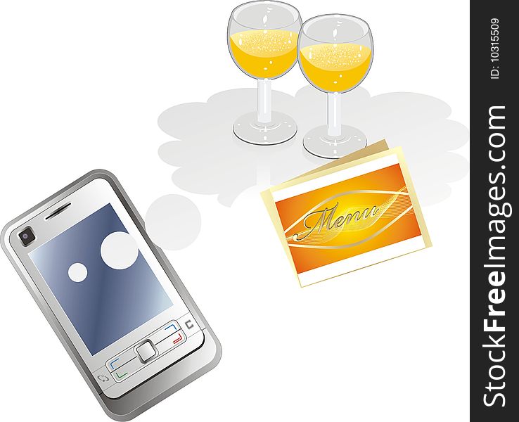 Mobile telephone and glasses with by champagne