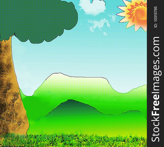 Background for the spring or summer, a landscape with hills, tree, sun and sky. An Earth Day concept. Halftone pattern added as a cartoon style element. Plenty of copy space. Background for the spring or summer, a landscape with hills, tree, sun and sky. An Earth Day concept. Halftone pattern added as a cartoon style element. Plenty of copy space.