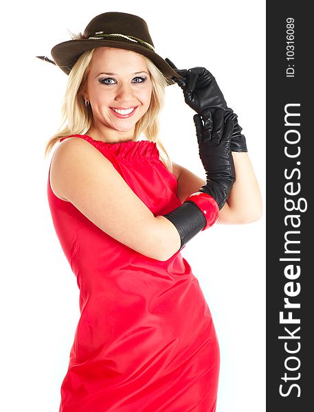 Elegance young woman in red gown in bonnet and gloves. Elegance young woman in red gown in bonnet and gloves