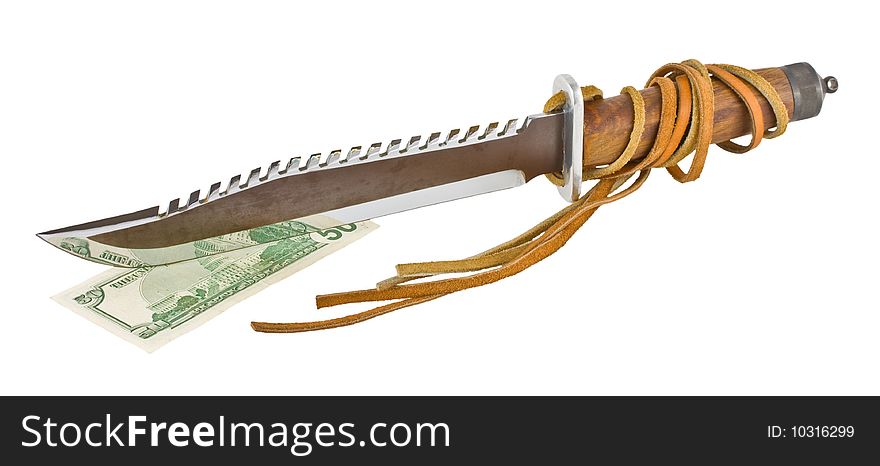 Hunting knife with teeth cut fifty dollars, and the waist on a white background