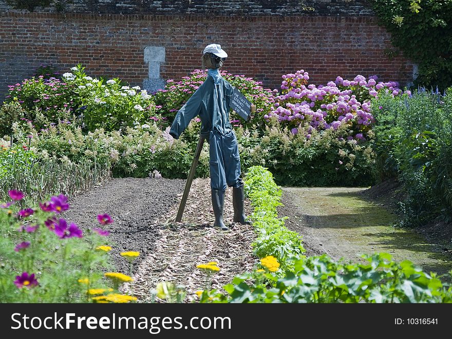 A scarecrow guards a walled potagerie (kitchen garden) at the Chateau Miromesnil near Dieppe, France where flowers mingle with vegetables. A scarecrow guards a walled potagerie (kitchen garden) at the Chateau Miromesnil near Dieppe, France where flowers mingle with vegetables.
