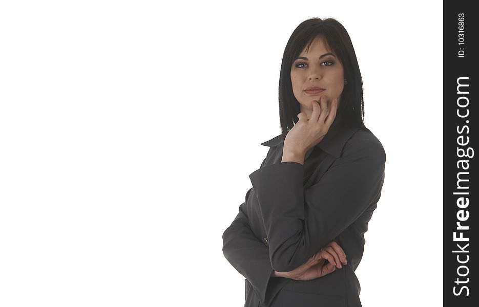 Beautiful brunette businesswoman in business suit on white background. Not isolated