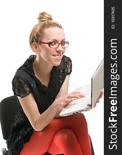 Smiling woman with laptop. Isolated. Smiling woman with laptop. Isolated