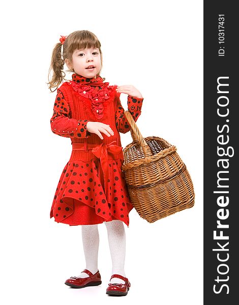 Beautiful little girl in red dress holding basket, isolated on white