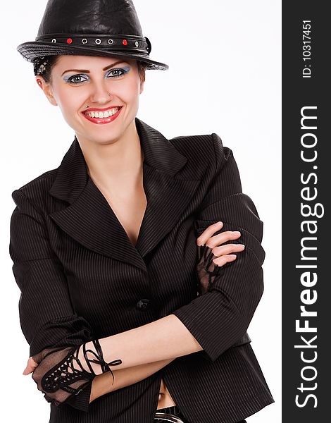 Young fashionable woman with black hat over white. Young fashionable woman with black hat over white