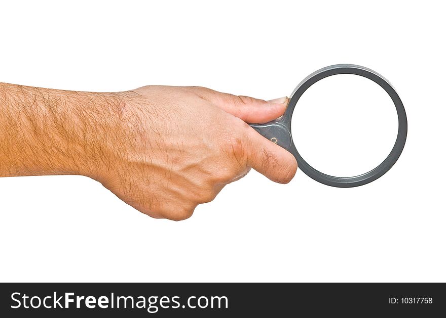 Hand with magnifier glass  isolated on white background