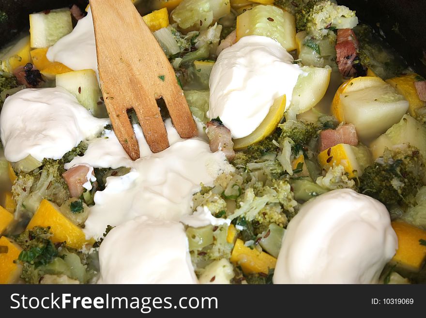Cooking - fat, cream and vegetables. Cooking - fat, cream and vegetables
