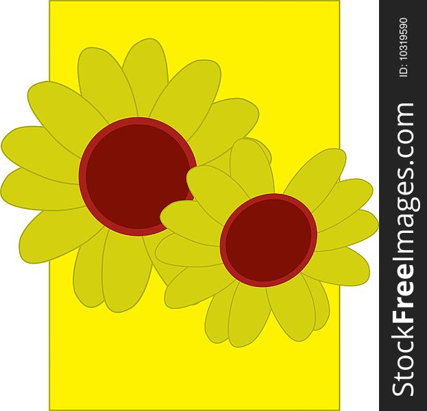 Two Sunflowers stylised on a yellow ground. Two Sunflowers stylised on a yellow ground.