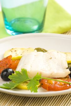 Fillet Of Cod Baked Tomatoes Zucchini Black Olives Royalty Free Stock Photos Fillet Of Cod Baked Tomatoes Zucchini Black Olives Royalty Free Stock Photos
