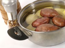 Fresh Raw Potatoes Into The Steel Pan. Stock Photos