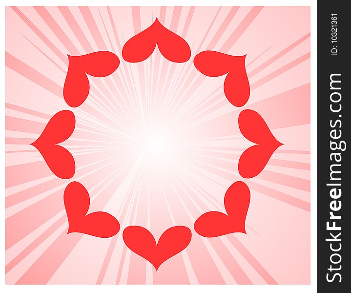 Circule of hearts on pink rays background illustration. Circule of hearts on pink rays background illustration