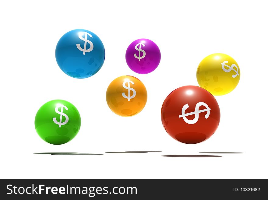 Isolated spheres with dollar symbol - 3d render