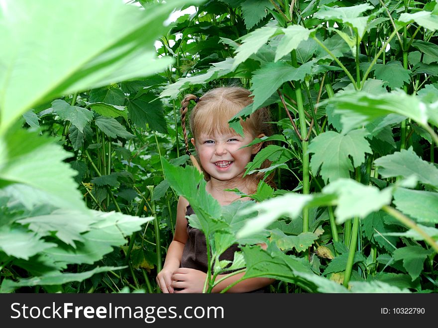 Girl standing in tall green plants with big smile on her face. Girl standing in tall green plants with big smile on her face.
