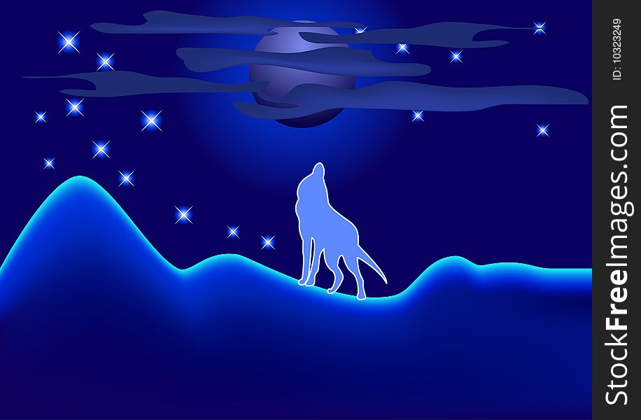 Night landscape with wolf, cloud and full moon