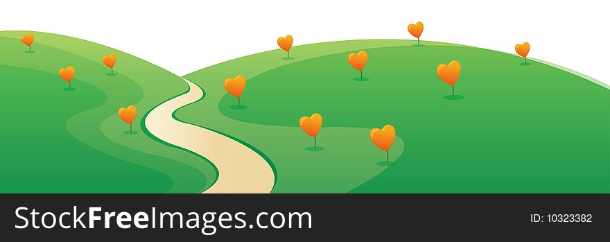 Heart tree in the green lawn with road. Heart tree in the green lawn with road