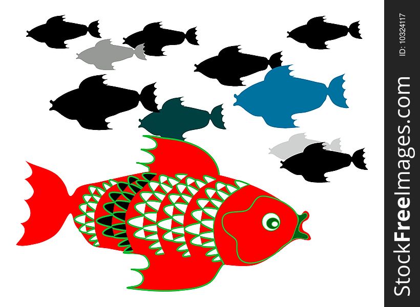 A shoal of fish with the nearest fish flat and graphic. I have made a pattern of the scales.