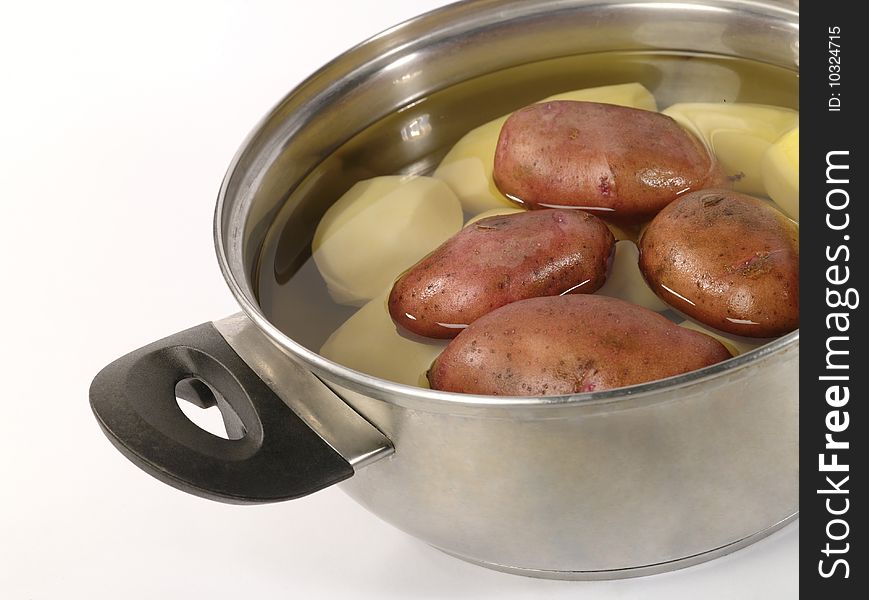 Fresh raw potatoes into the steel pan. Is not isolated image