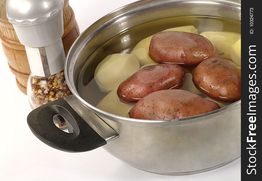 Fresh raw potatoes into the steel pan. Is not isolated image