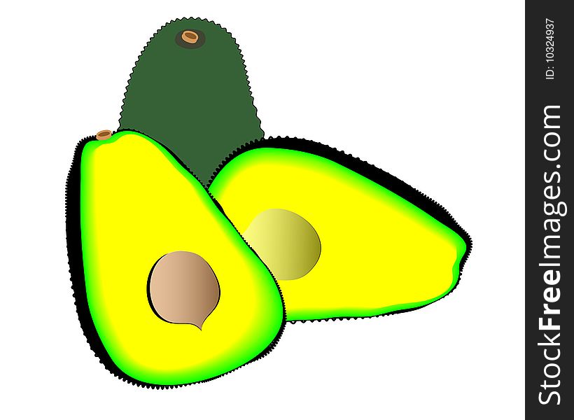 A group of avocados showing one cut in half. This is a flat abstract illustration of the subject.