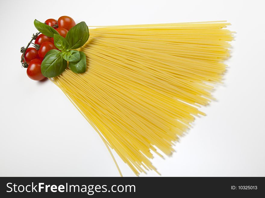 Close up of basic ingredients for italian pasta. All isolated on white.