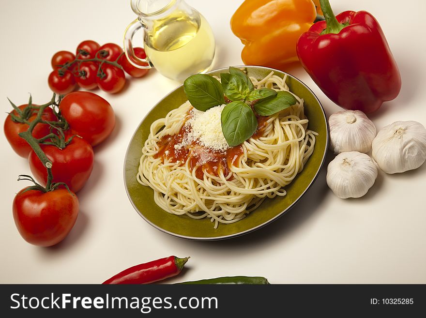 Close up of basic ingredients for italian pasta. All isolated on white.