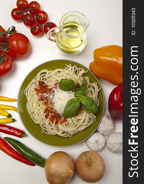 Close up of basic ingredients for italian pasta. All isolated on white.