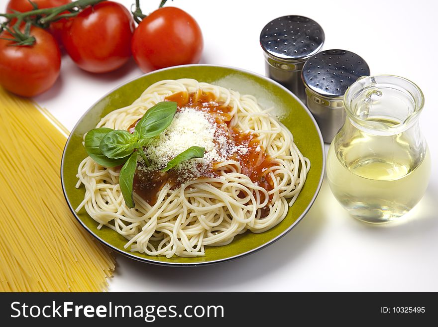 Close up of basic ingredients for italian pasta. All isolated on white.