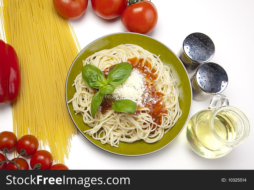 Close up of basic ingredients for italian pasta. All isolated on white.