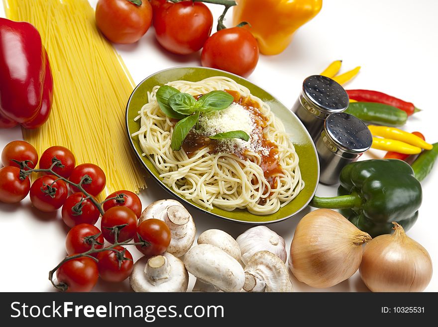 Close up of basic ingredients for italian pasta. All isolated on white.