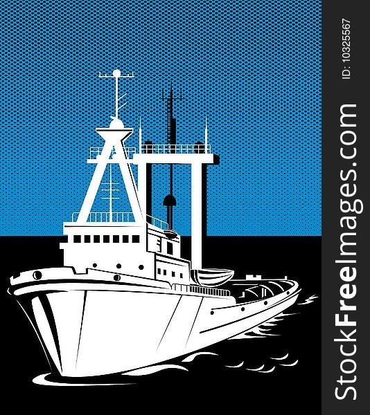 Vector illustration of a tugboat seaming towards the viewer.