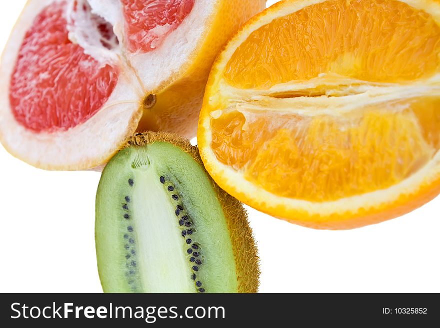 Fresh grapefruit, orange and kiwi isolated on white background. Fresh grapefruit, orange and kiwi isolated on white background