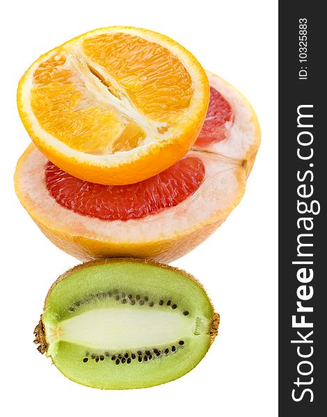 Fresh grapefruit, orange and kiwi isolated on white background. Fresh grapefruit, orange and kiwi isolated on white background