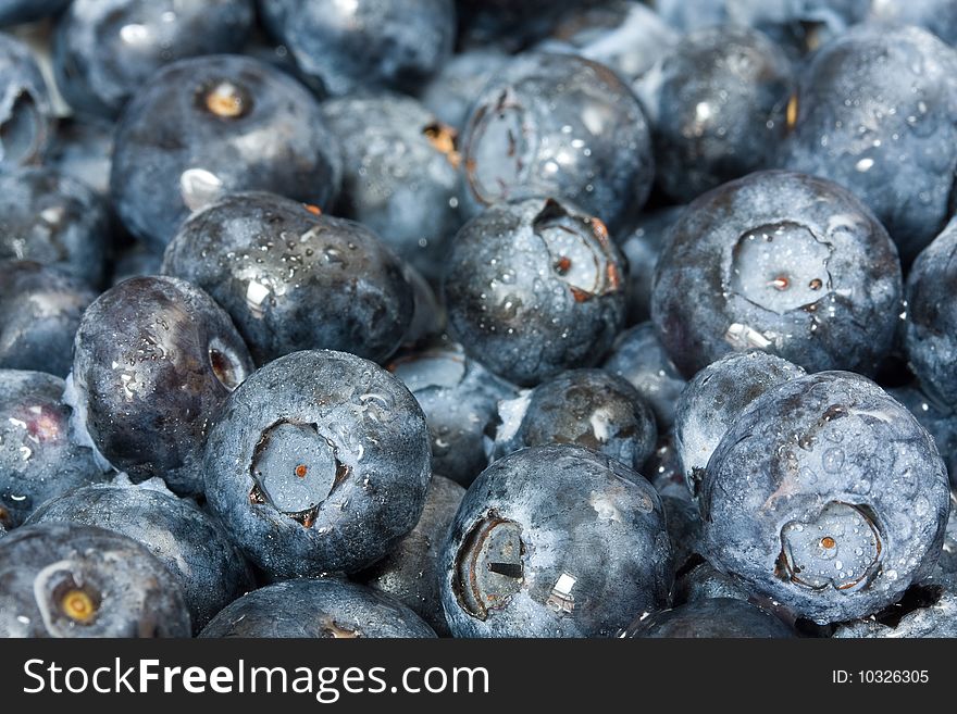 View of pile of fresh blueberries.