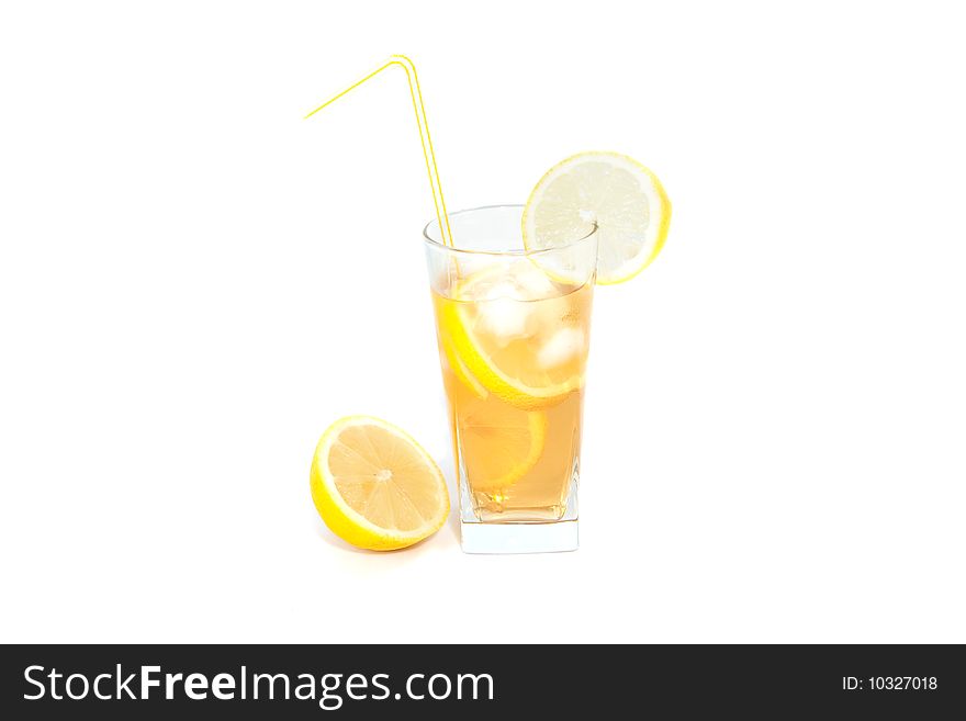 Ice tea with lemon isolated on white