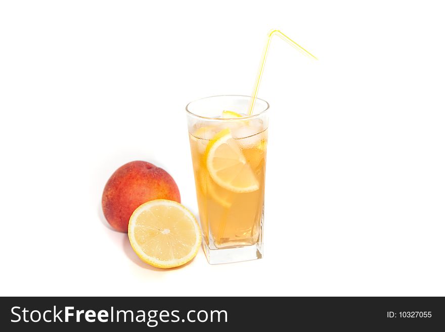 Ice tea with lemon and nectarine isolated on white