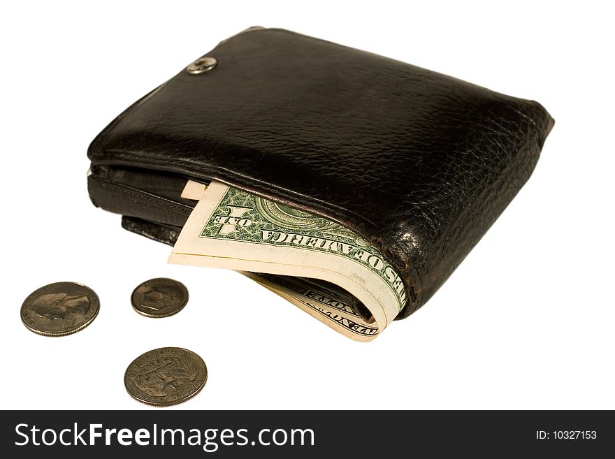 Black leather wallet with dollar bills and coins (isolated on white). Black leather wallet with dollar bills and coins (isolated on white)