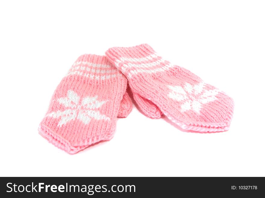 Baby`s hand-made pink mittens with pattern. Baby`s hand-made pink mittens with pattern